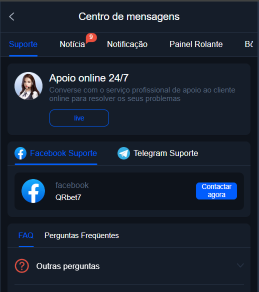 Tela da central de suporte da QRBet8 com opções de atendimento ao cliente