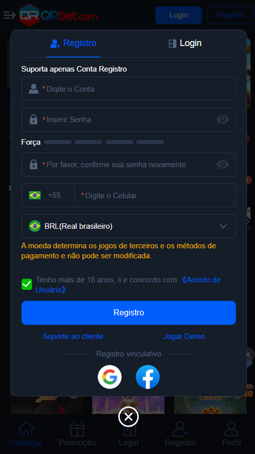 Tela da página de registro da QRBet8 mostrando formulário de cadastro