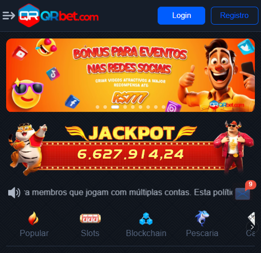 Captura da tela da página inicial da QRBet8 com jogos, promoções e menu principal
